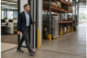 Büromitarbeiter mit Sicherheitssneakern geht vom Büro ins Lager