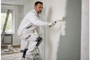 Maler in weißer Arbeitskleidung streicht eine Wand mit der Farbrolle