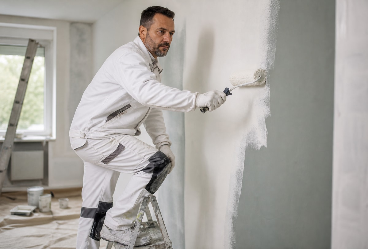 Maler in weißer Arbeitskleidung streicht eine Wand mit der Farbrolle